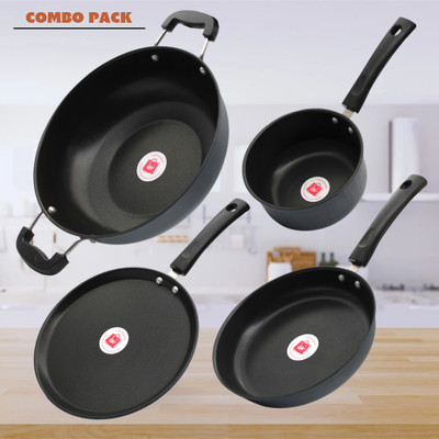 LAZYwindow Nonstick Sauce Pan/Fry Pan, Tawa & Kadhai Combo (Black And Base Grey) Induction Bottom Non-Stick Coated Cookware Set(Hard Anodised, 4 - Piece)