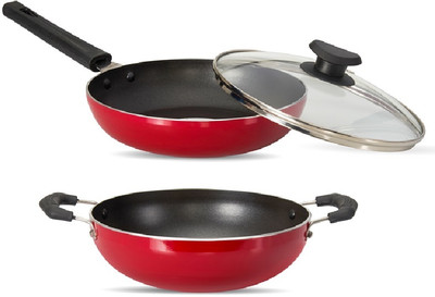 NAVRANG NONSTICK COMBO SET FRY PAN 220+ KADAI 220 AND GLASS LID Non-Stick Coated Cookware Set(Aluminium, PTFE (Non-stick), 3 - Piece) NAVRANG NONSTICK COMBO SET FRY PAN 220+ KADAI 220 AND GLASS LID Non-Stick Coated Cookware Set(Aluminium, PTFE (Non-stick), 3 - Piece)