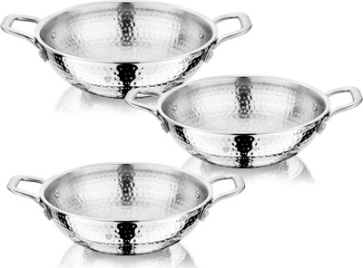 NIRLON Hammered Triply Steel Cookware Kadhai Set of 3 18cm-1.2L|20cm-1.5L|28cm-4.2.L Induction Bottom Cookware Set(Triply, 3 - Piece)