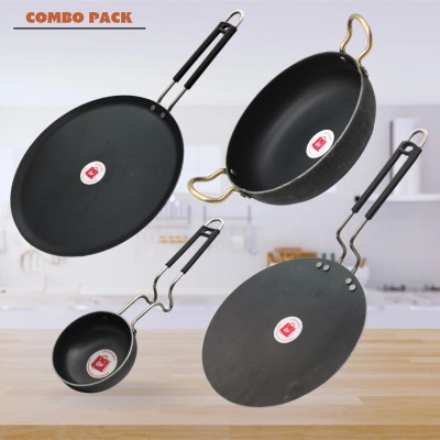 LAZYwindow Traditional Iron Tawa, Tadka Pan with Grip type Handle And Deep Bottom Kadhai Induction Bottom Cookware Set(Iron, 4 - Piece)