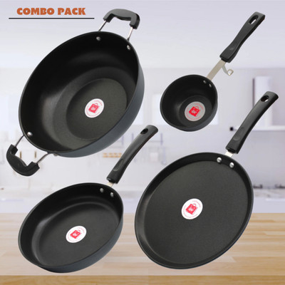 LAZYwindow Nonstick Tadka Pan/Fry Pan/Tawa & Kadhai Combo (Black And Base Grey) Induction Bottom Non-Stick Coated Cookware Set(Hard Anodised, 4 - Piece)