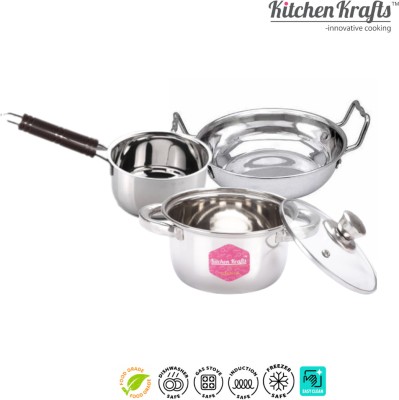 Kitchen Krafts 3Pc Cookware set( kadhai + Saucepan + Dutch oven) Induction Bottom Cookware Set(Stainless Steel, 3 - Piece)