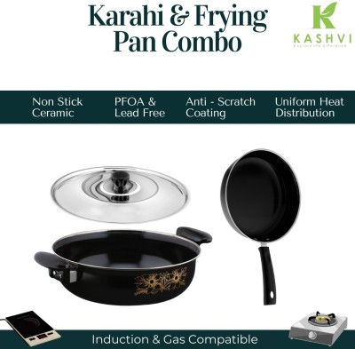 Kashvi Graceful Kadhai with Stainless Steel Lid+ Fry Pan Combo Induction Bottom Non-Stick Coated Cookware Set(Cast Iron, 2 - Piece)