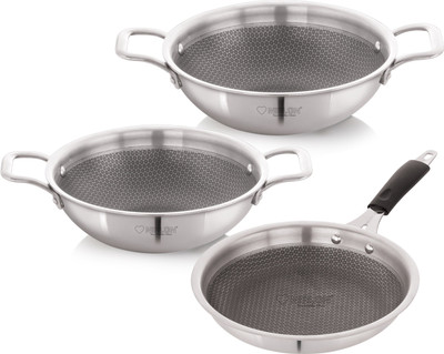 NIRLON Prima Honeycomb Triply Cookware Set|Fry Pan 24cm/Kadai 22cm-2Ltr & 24cm-2.6Ltr Induction Bottom Non-Stick Coated Cookware Set(Triply, 3 - Piece)