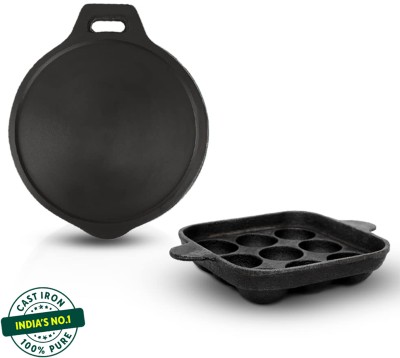 The Indus Valley Pre-Seasoned Cast Iron Cookware Set | Paniyaram Pan (24 cm) + Tawa (28cm) Cookware Set(Cast Iron, 2 - Piece)