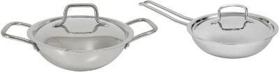 Dynore Triply Stainless Steel 2 Pc Cookware Set, 20 cm Wok/Kadai with Lid, 22 cm Frypan Induction Bottom Non-Stick Coated Cookware Set(Stainless Steel, 2 - Piece)