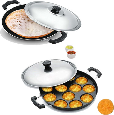 NARV Non-Stick 12 Cavity Appam Patra with Stainless Steel Lid, Appachetty with Lid K5 Paniarakkal Set with Lid 0.2 L capacity 21 cm diameter(Aluminium, Non-stick)
