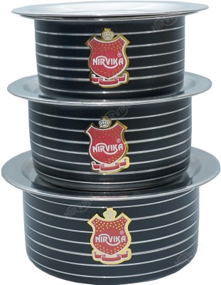 Nirvika Pack of 3 Stainless Steel cooking & serving Powder Coating Black Tope with Lid 0.750 L, 1.100 L, 1.500 L Dinner Set(Black)