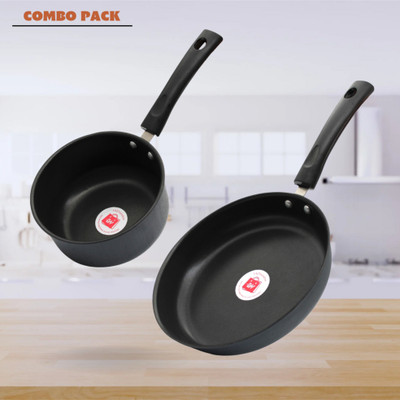 LAZYwindow Nonstick Sauce Pan & Fry Pan Combo (Black And Base Grey) Induction Bottom Non-Stick Coated Cookware Set(Hard Anodised, 2 - Piece)