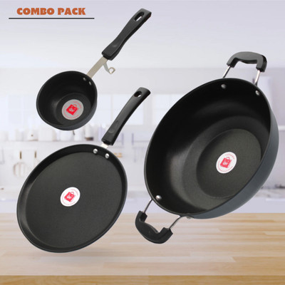 LAZYwindow Nonstick Tadka Pan, Tawa & Kadhai Combo (Black And Base Grey) Induction Bottom Non-Stick Coated Cookware Set(Hard Anodised, 3 - Piece)