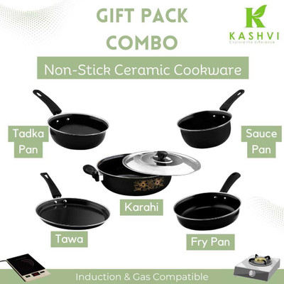 HouseOfCommon us Induction Bottom Non-Stick Coated Cookware Set(Cast Iron, 6 - Piece)