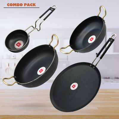 LAZYwindow Traditional Iron Deep Bottom Kadhai, Tadka Pan And Tawa with Steel Handle Induction Bottom Cookware Set(Iron, 4 - Piece)