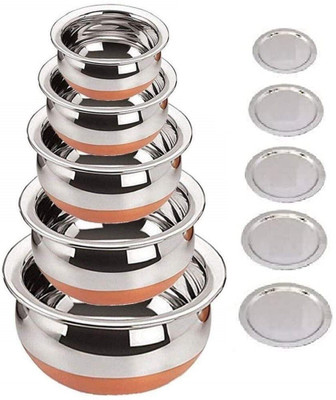 SVShoperzone Stainless Steel Copper Bottom Handi with Lid Set, Serving Bowls with Lids Induction Bottom Cookware Set(Stainless Steel, 5 - Piece)