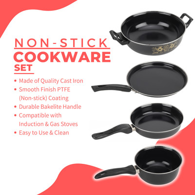 SILVOSWAN Non-Stick Cookware Set - Tawa, Kadhai, Frypan, Saucepan with Heavy Iron Tarki | Induction Bottom Non-Stick Coated Cookware Set(Iron, 5 - Piece)