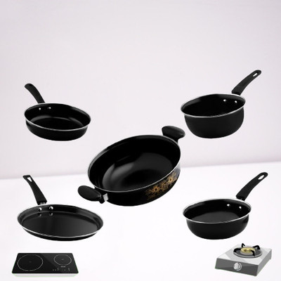 Kashvi Kashvi Dura Full Size Induction Bottom Non-Stick Coated Cookware Set Induction Bottom Non-Stick Coated Cookware Set(Cast Iron, 5 - Piece)