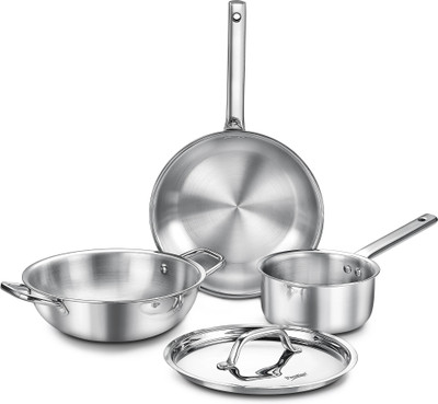 Prestige TriPly 3 pcs BYK-Fry Pan 24cm/1.7L+Kadai 24cm/2.7L SS Lid, Sauce Pan 16cm/1.5L Induction Bottom Cookware Set(Triply, 3 - Piece)