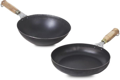 The Indus Valley Pre Seasoned Iron Cookware Set- Wok(10 inch)+Pan(10inch) Induction Bottom Non-Stick Coated Cookware Set(Iron, 2 - Piece)