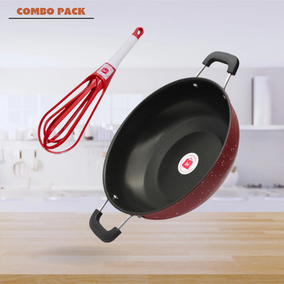 LAZYwindow Premium Quality Nonstick Kadhai, Dia - 26 cm, 3L & Plastic Hand Blender Mixer Induction Bottom Non-Stick Coated Cookware Set(Hard Anodised, 1 - Piece)