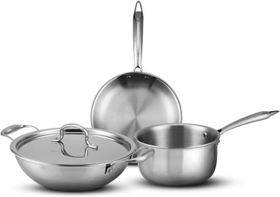 AGARO Induction Bottom Non-Stick Coated Cookware Set(Stainless Steel, 3 - Piece)