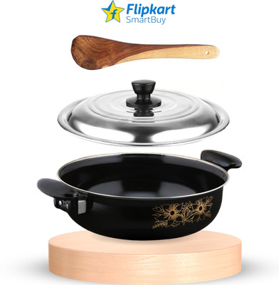 Flipkart SmartBuy Kitchen Non-Stick Combo Pack of Kadhai with Lid and Wooden Spatula - 3 Induction Bottom Non-Stick Coated Cookware Set(Cast Iron, PTFE (Non-stick), 3 - Piece)