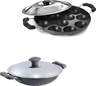 NARV Aluminium Appachatti with Stainless Steel lid, 12 Cavities Appam Paniyarrakal K5 Appachatty Set with Lid 0.2 L capacity 21 cm diameter(Aluminium, Non-stick)