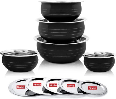 Nirvika Pack of 5 Stainless Steel handi set with lid powder Coating black piece of 5 Cookware Set Dinner Set(Black, Microwave Safe)