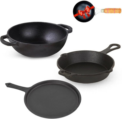 The Indus Valley Cast Iron Tawa 10.2Inch, FryPan 9Inch, Kadai 10Inch & Iron Tadka Pan Combo Induction Bottom Cookware Set(Cast Iron, 1 - Piece)