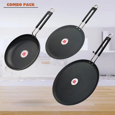 LAZYwindow Traditional Iron Fry Pan And Tawa with Grip type Handle Induction Bottom Cookware Set(Iron, 3 - Piece)