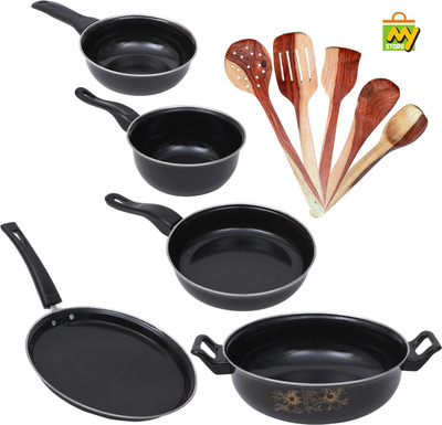 MY STORE Kitchen Combo Cookware Set of 10 Pcs | Gas & Induction Bottom Non-Stick Coated Cookware Set(Cast Iron, 10 - Piece)
