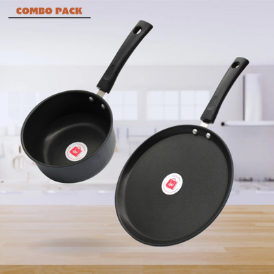 LAZYwindow Nonstick Sauce Pan & Tawa Combo (Black And Base Grey) Induction Bottom Non-Stick Coated Cookware Set(Hard Anodised, 2 - Piece)