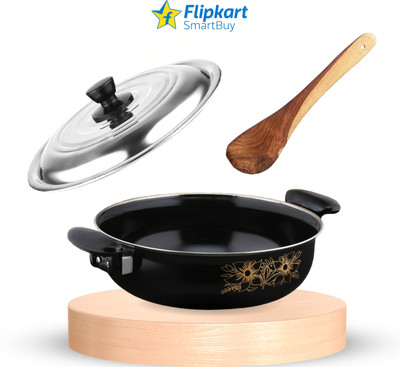 Flipkart SmartBuy Kitchen Non-Stick Combo Pack of Kadhai with Lid and Wooden Spatula - 4 Induction Bottom Non-Stick Coated Cookware Set(Cast Iron, PTFE (Non-stick), 3 - Piece)