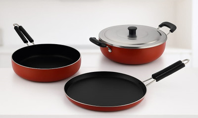 Rudrax Non-Stick Cookware Set – Frying Pan, Kadhai with Lid & Tawa –3-Piece Kitchen Set Non-Stick Coated Cookware Set(Aluminium, PTFE (Non-stick), 3 - Piece)