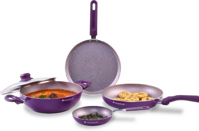 WONDERCHEF Royal Velvet Non-stick 5-piece Cookware Set (Fry Pan with Lid, Wok, Dosa Tawa, Mini Fry Pan) Induction bottom, Soft-touch handles, Virgin grade aluminium, PFOA/Heavy metals free, 3 mm, 2 years Induction Bottom Non-Stick Coated Cookware Set(Aluminium, 4 - Piece)