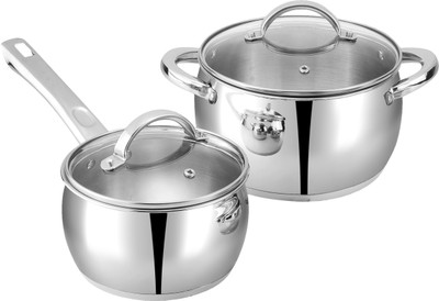 VINOD Letten Stainless Steel Cookware Set - 2 Pcs, Saucepan,Saucepot with Glass Lid Induction Bottom Non-Stick Coated Cookware Set(Stainless Steel, 2 - Piece)