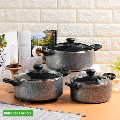 Kreme DELUXE 3mm Induction Bottom Casserole 2.5L + 3.5L + 4.5L Set of 3 pcs Induction Bottom Non-Stick Coated Cookware Set(Aluminium, 3 - Piece)