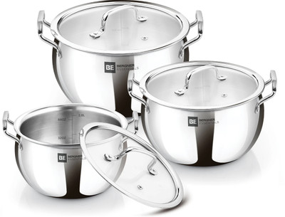 BERGNER BE Essentials TriPly Handi Set - 16cm/2L, 18cm/3.2L, 20cm/4.2L, 3 Glass Lids | Induction Bottom Cookware Set(Triply, 3 - Piece)