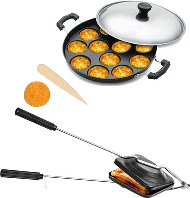 RBGIIT Non-electric Sandwich Maker | 2 Side Handle Appam Patra / Appam pan with Lid K0 Toast(Grey)