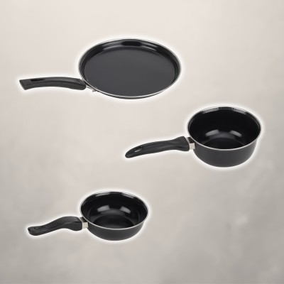 MY STORE Tawa, Sauce Pan, Tadka Pan - Cookware Set of 3 Pc Induction Bottom Non-Stick Coated Cookware Set(Cast Iron, PTFE (Non-stick), 3 - Piece)