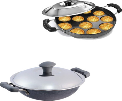 NARV Non-Stick 12 Cavity Appam Patra with Stainless Steel Lid, Appachetty with Lid K1 Paniarakkal Set with Lid 0.2 L capacity 21 cm diameter(Aluminium, Non-stick)