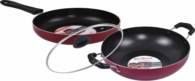 KenBerry Rhinos Non Induction Base Kadhai | Fry Pan |Glass Lid 240 MM Non-Stick Coated Cookware Set(PTFE (Non-stick), 3 - Piece)