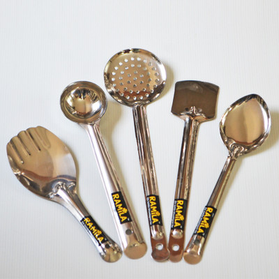 RAMILA Heavy Gauge of 5 / Karchchee/Chamcha/Palta/Rice Palta/Poori Karchchee Kitchen Tool Set(Silver, Ladle, Spatula, Skimmer, Cooking Spoon)