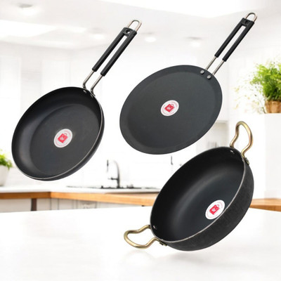 LAZYwindow Iron Fry Pan, Dosa Tawa And Kadhai Combo Pack Induction Bottom Cookware Set(Iron, 3 - Piece)