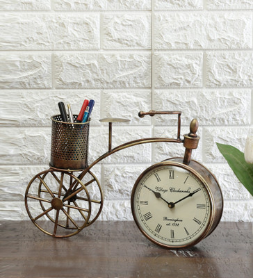 Craft Tree Analog Metal Handpainted Decorative Showpiece Cycle Pen Stand With Table Clock