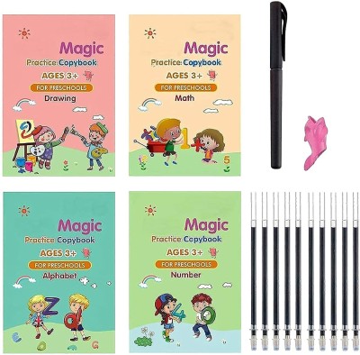 Lunavisor Magic Practice Copybook, (4 BOOK + 10 REFILL+ 1 Pen +1 Grip) Number Tracing, San Book-size Notebook RULE 40 Pages(Multicolor, Pack of 4)