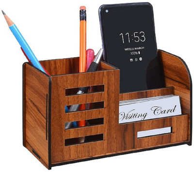 THR3E STROKES 3 Compartments WOOD Organizer Pen And Pencil Stand Office Table Business Card Holder Mobile stand(Brown)