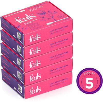 FEALS Soft Cotton Ear Buds/Swabs with Paper Stem (100 /200 Q Tips/Box) (Pack of 5)(500 Units)