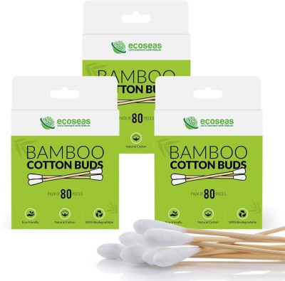 ecoseas Wooden, Biodegradable, Organic, Natural, Eco friendly, Double Tipped Bamboo Cotton Buds I Cotton Swabs I Ear Buds - PACK OF 3 Box (240 sticks - 480 swabs)(240 Units)