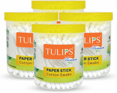 Tulips Premium Paper Stick Cotton Ear Buds (Pack of 4), 100 Sticks/ 200 Tips each pack(4 Units)