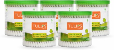 Tulips Cotton Ear Buds {Pack of 5} with White PAPER Stick, 200 Sticks in a Jar(5 Units)