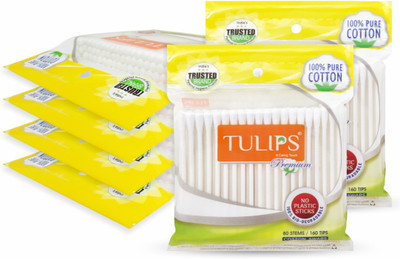 Tulips Premium Cotton Ear Buds/Swabs (Pack of 6) with white PAPER Sticks, 80/160 Tips(6 Units)